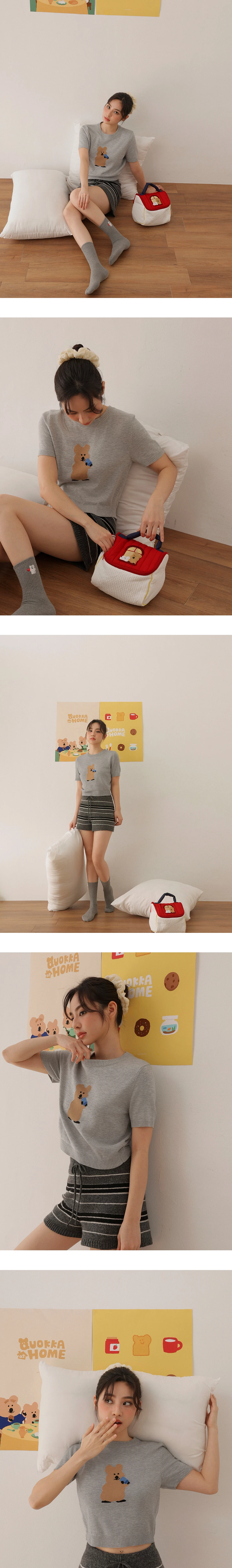 【DINOTAENG】緹花圖案短袖短版針織衫