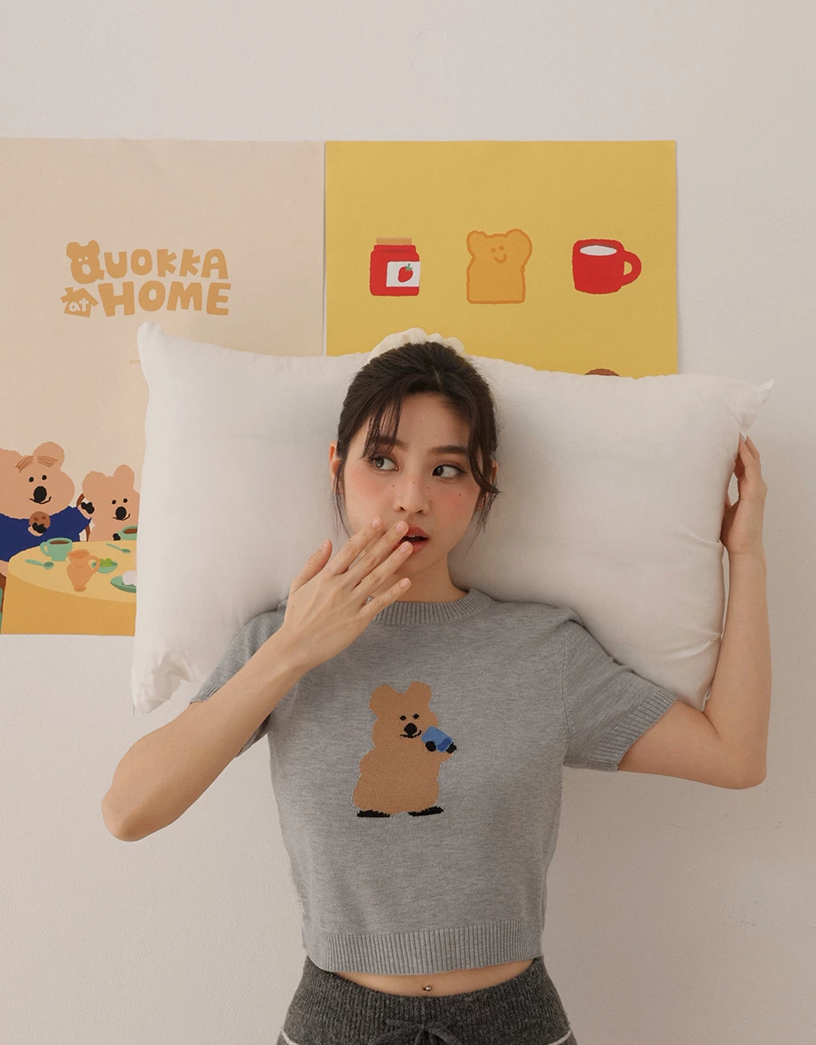 【DINOTAENG】緹花圖案短袖短版針織衫