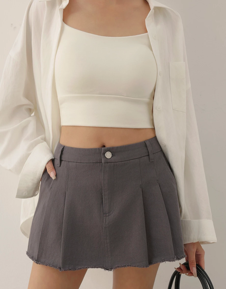 Preppy Pleated Mini Skirt with Raw Edge Hemline