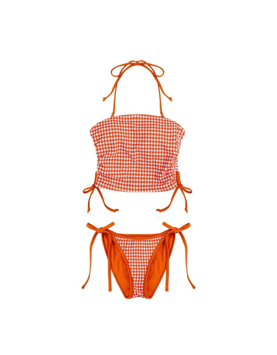 INS風 多WAY千鳥格紋平口繞頸肩帶側抽繩比基尼套裝