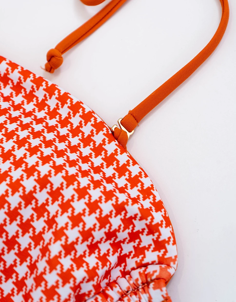 INS風 多WAY千鳥格紋平口繞頸肩帶側抽繩比基尼套裝