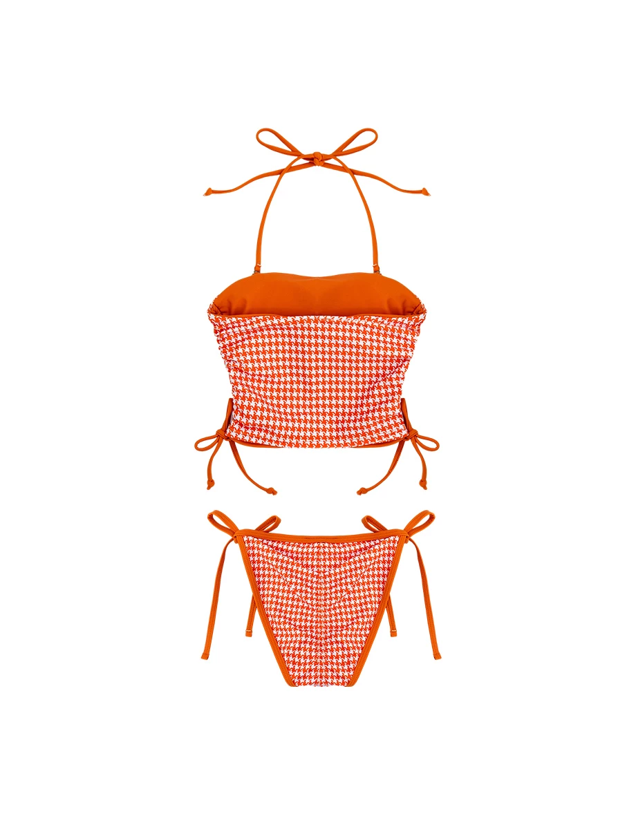 INS風 多WAY千鳥格紋平口繞頸肩帶側抽繩比基尼套裝