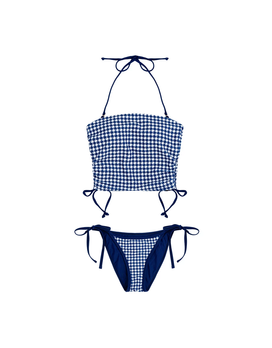INS風 多WAY千鳥格紋平口繞頸肩帶側抽繩比基尼套裝