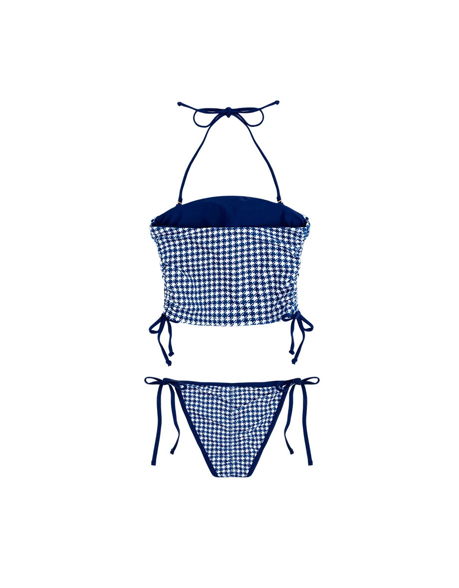 INS風 多WAY千鳥格紋平口繞頸肩帶側抽繩比基尼套裝