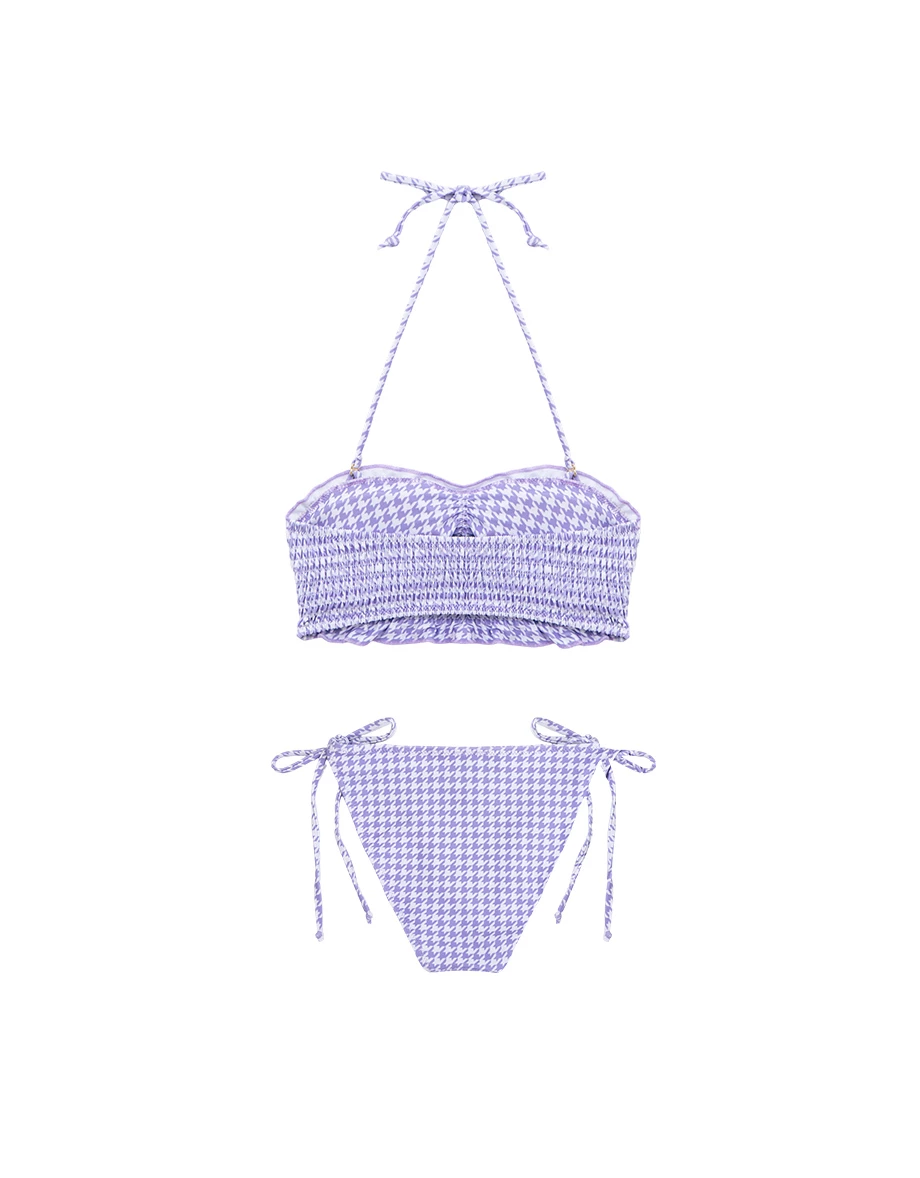 INS風 多WAY千鳥格紋平口抽皺繞頸肩鏤空荷葉邊比基尼套裝