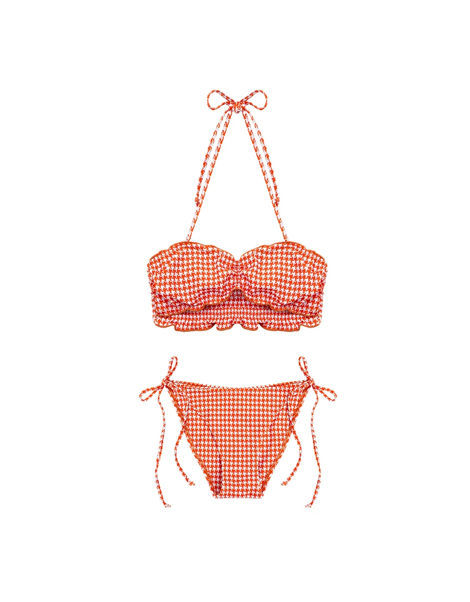 INS風 多WAY千鳥格紋平口抽皺繞頸肩鏤空荷葉邊比基尼套裝