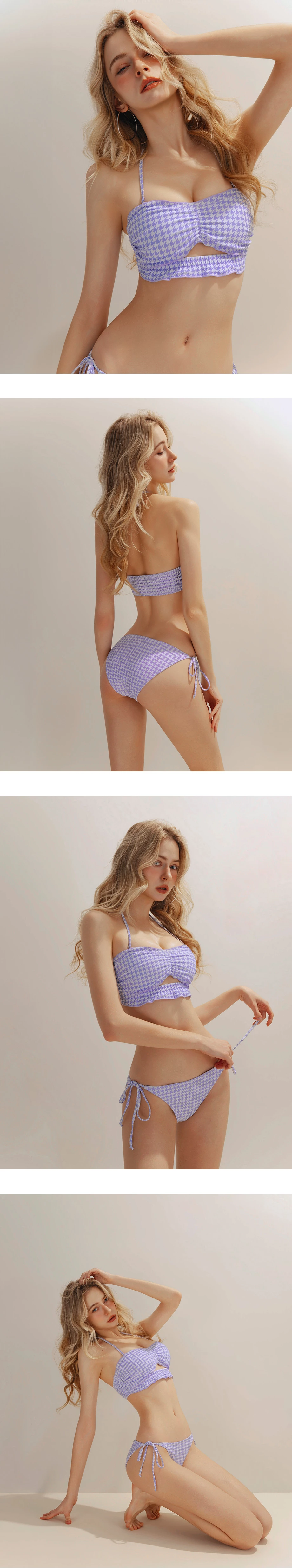 INS風 多WAY千鳥格紋平口抽皺繞頸肩鏤空荷葉邊比基尼套裝