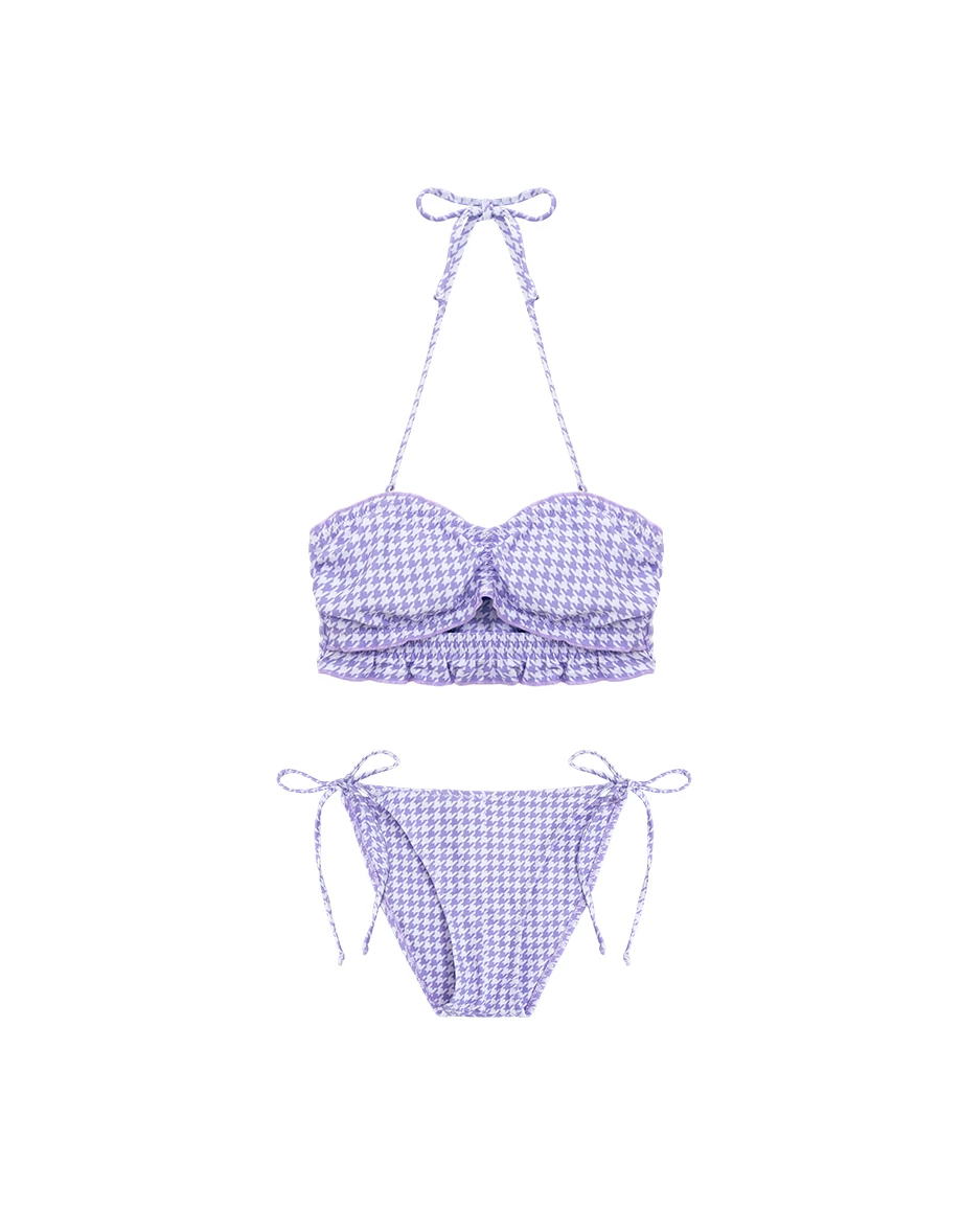 INS風 多WAY千鳥格紋平口抽皺繞頸肩鏤空荷葉邊比基尼套裝