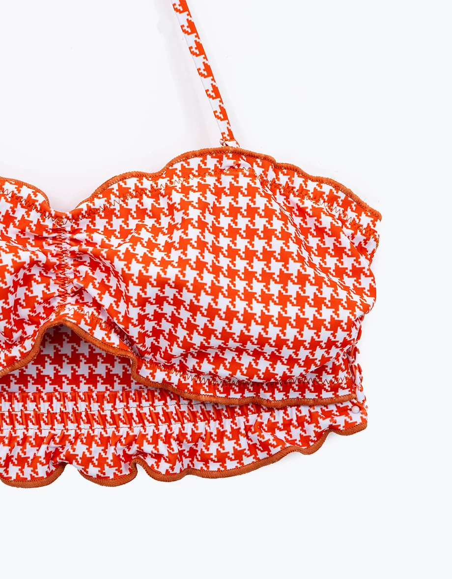 INS風 多WAY千鳥格紋平口抽皺繞頸肩鏤空荷葉邊比基尼套裝