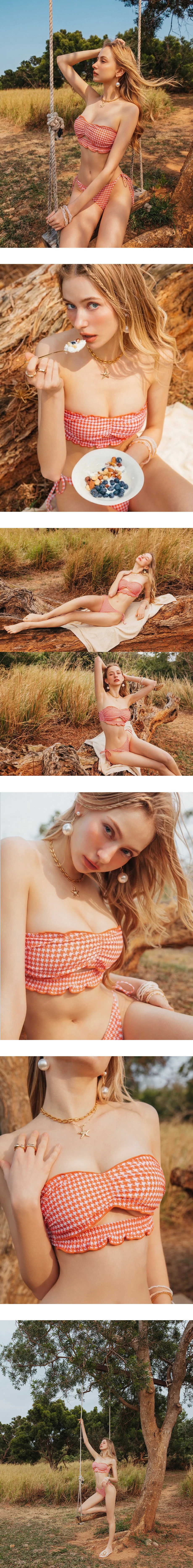 INS風 多WAY千鳥格紋平口抽皺繞頸肩鏤空荷葉邊比基尼套裝