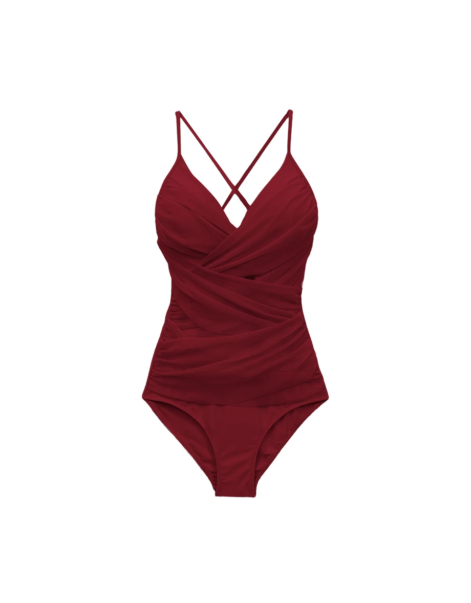 人間芭比3.0  V領交叉抓褶後綁帶塑腹連身泳裝