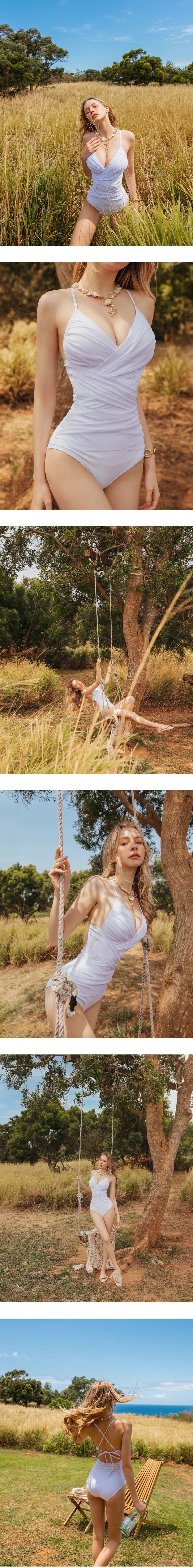 人間芭比3.0  V領交叉抓褶後綁帶塑腹連身泳裝