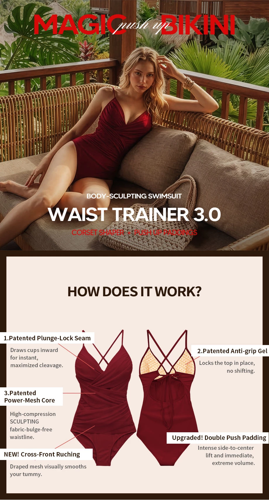 【DOUBLE PUSH UP】Body Sculpting Swimwear Waist Trainer Shaping Corset Bikini Swimsuit ( Fixed Padding)