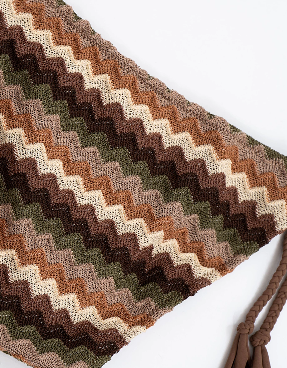 INS風 復古撞色波浪織紋貝殼金飾流蘇綁帶比基尼套裝