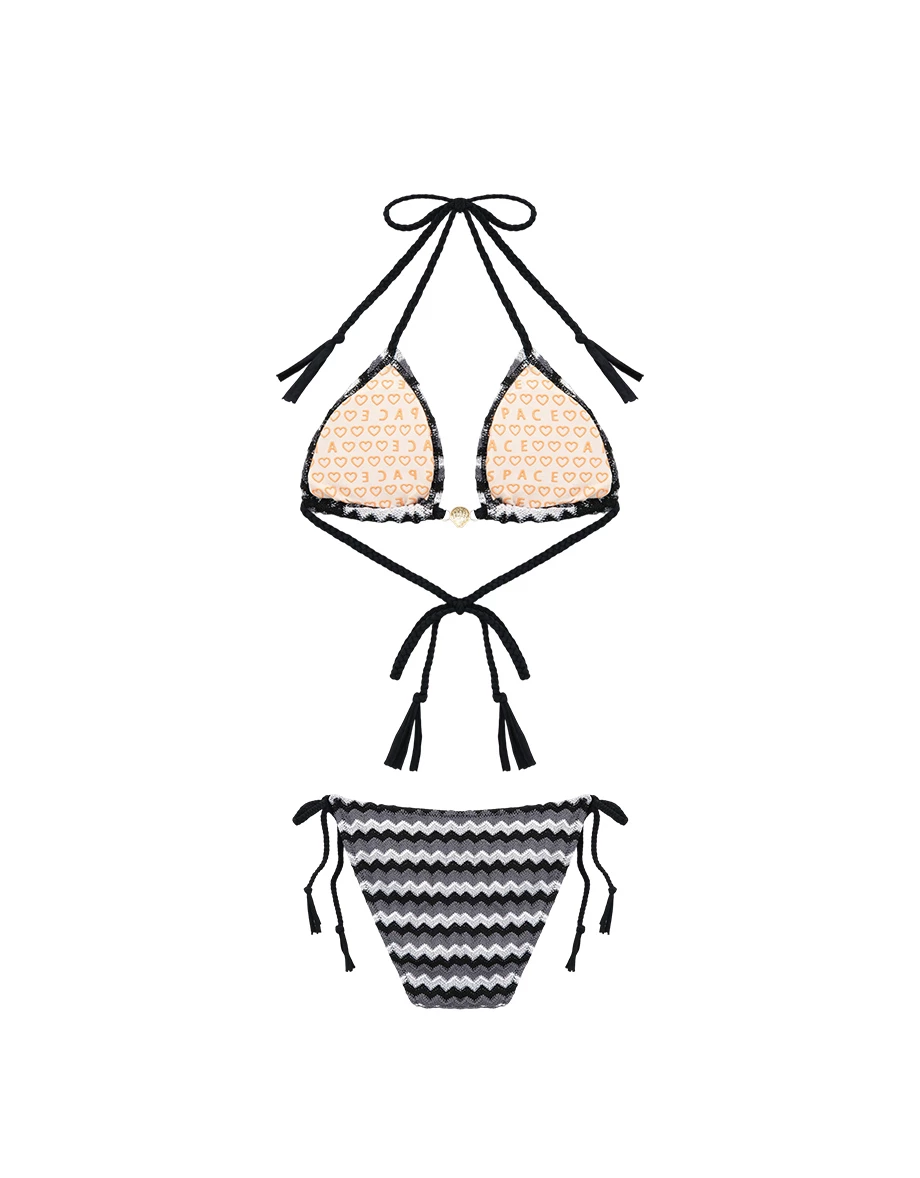 INS風 復古撞色波浪織紋貝殼金飾流蘇綁帶比基尼套裝