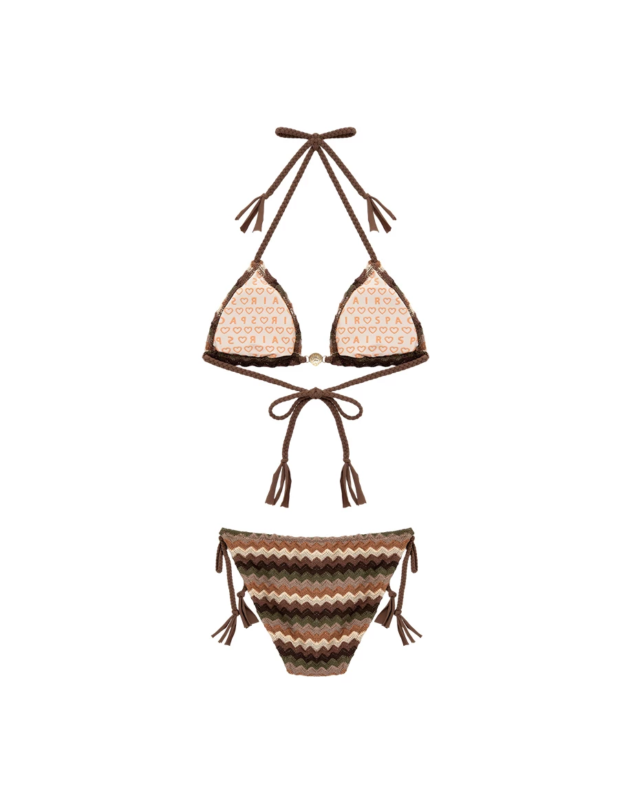 INS風 復古撞色波浪織紋貝殼金飾流蘇綁帶比基尼套裝