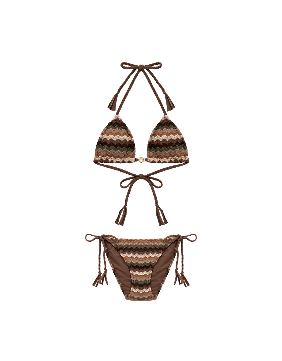 INS風 復古撞色波浪織紋貝殼金飾流蘇綁帶比基尼套裝