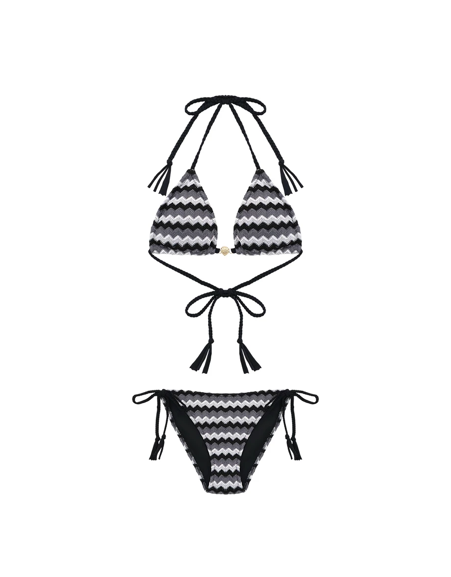 INS風 復古撞色波浪織紋貝殼金飾流蘇綁帶比基尼套裝