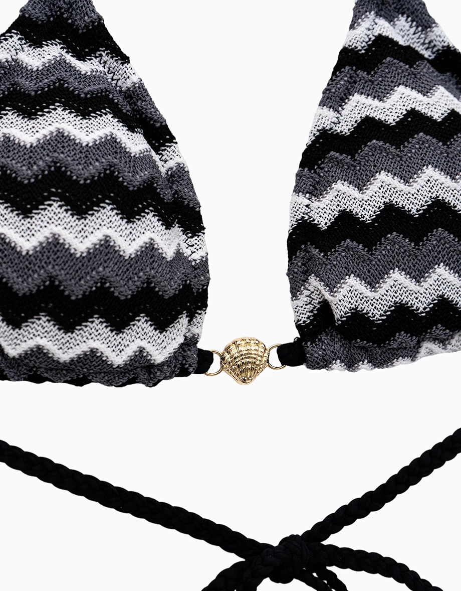 INS風 復古撞色波浪織紋貝殼金飾流蘇綁帶比基尼套裝