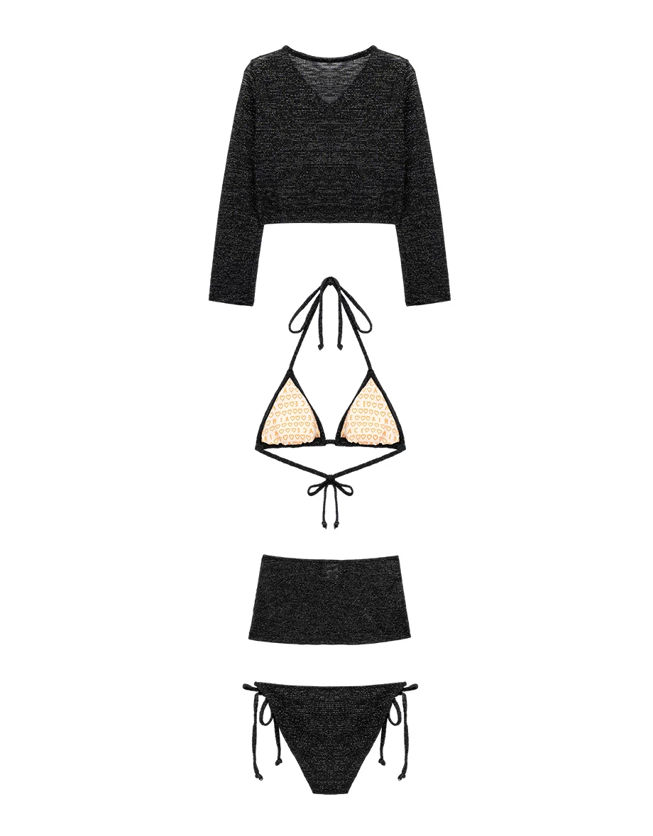 INS風 竹節織紋比基尼長袖罩衫短裙四件式套裝