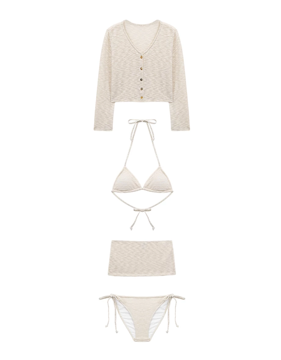 INS風 竹節織紋比基尼長袖罩衫短裙四件式套裝