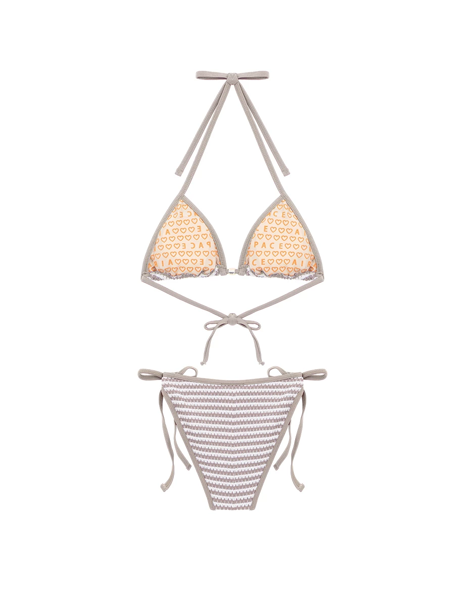 INS風 撞色條紋針織金屬飾扣比基尼套裝