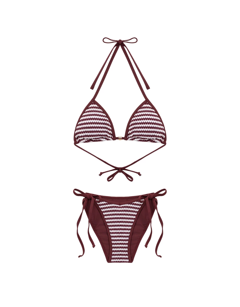 INS風 撞色條紋針織金屬飾扣比基尼套裝