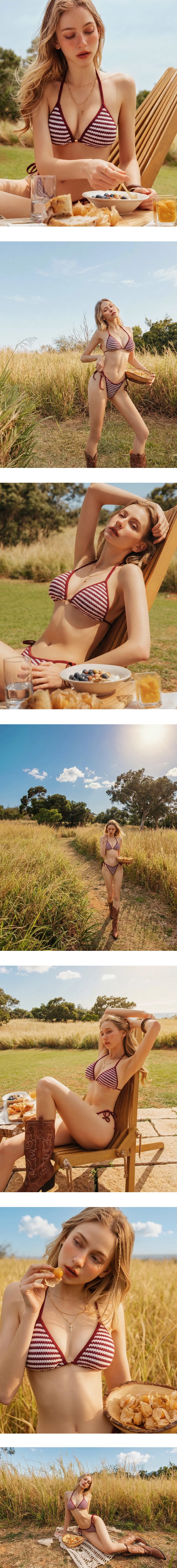 INS風 撞色條紋針織金屬飾扣比基尼套裝