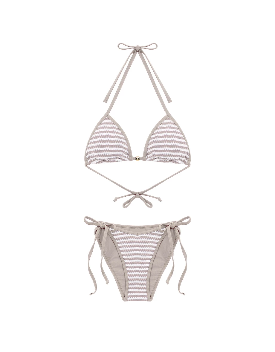 INS風 撞色條紋針織金屬飾扣比基尼套裝