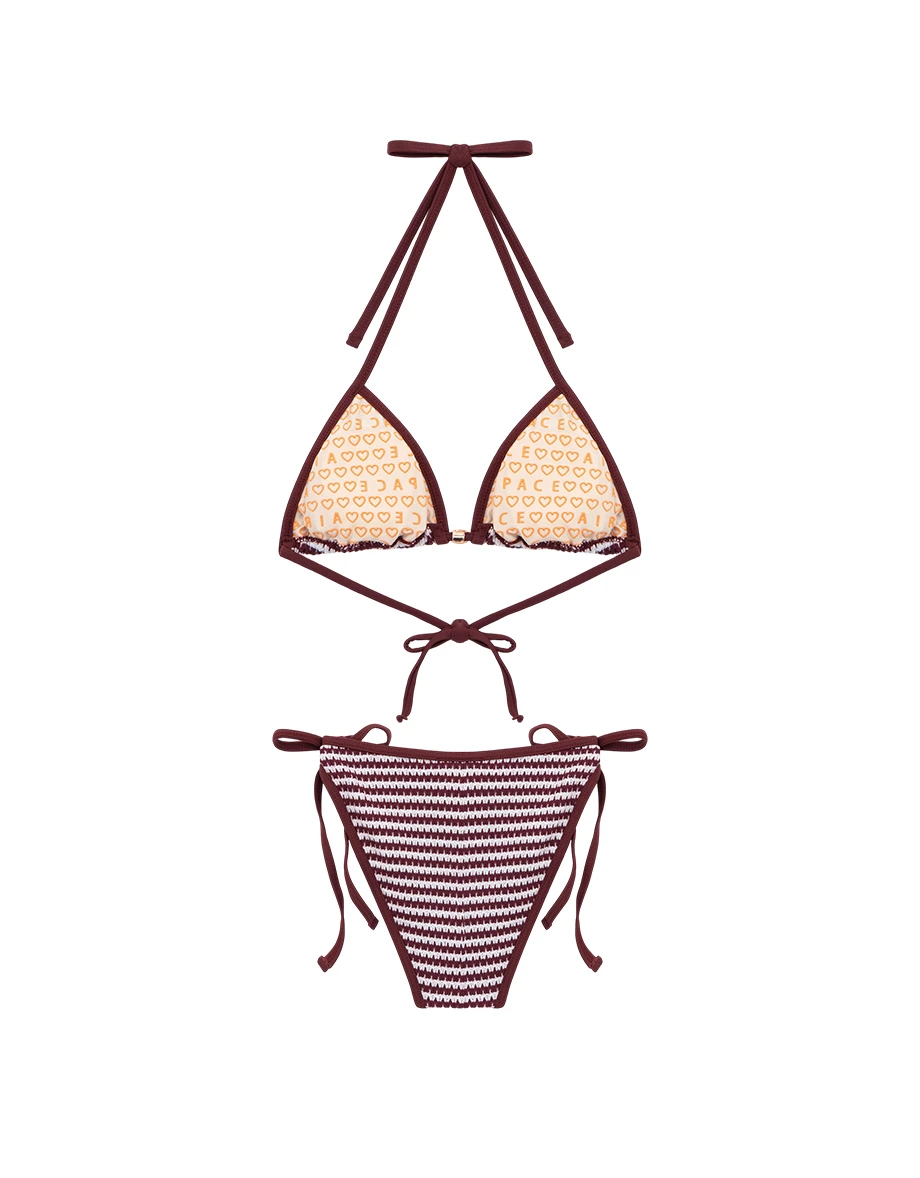 INS風 撞色條紋針織金屬飾扣比基尼套裝