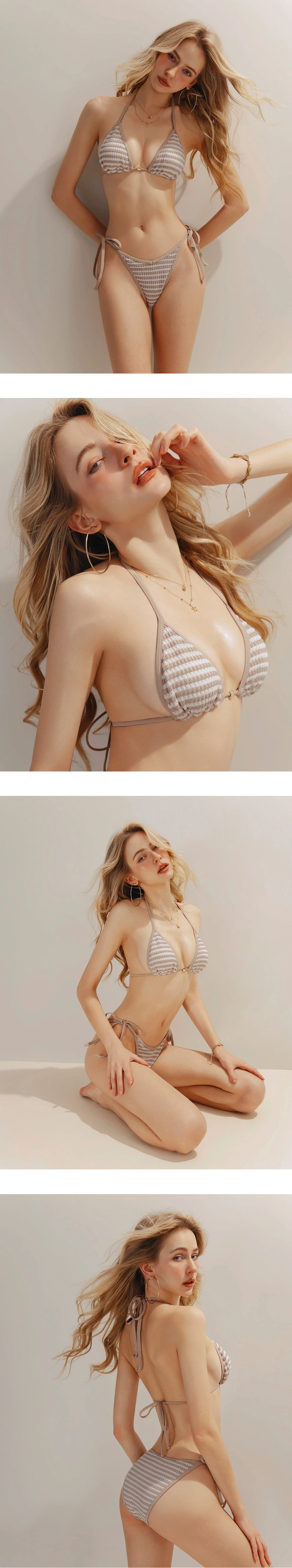 INS風 撞色條紋針織金屬飾扣比基尼套裝