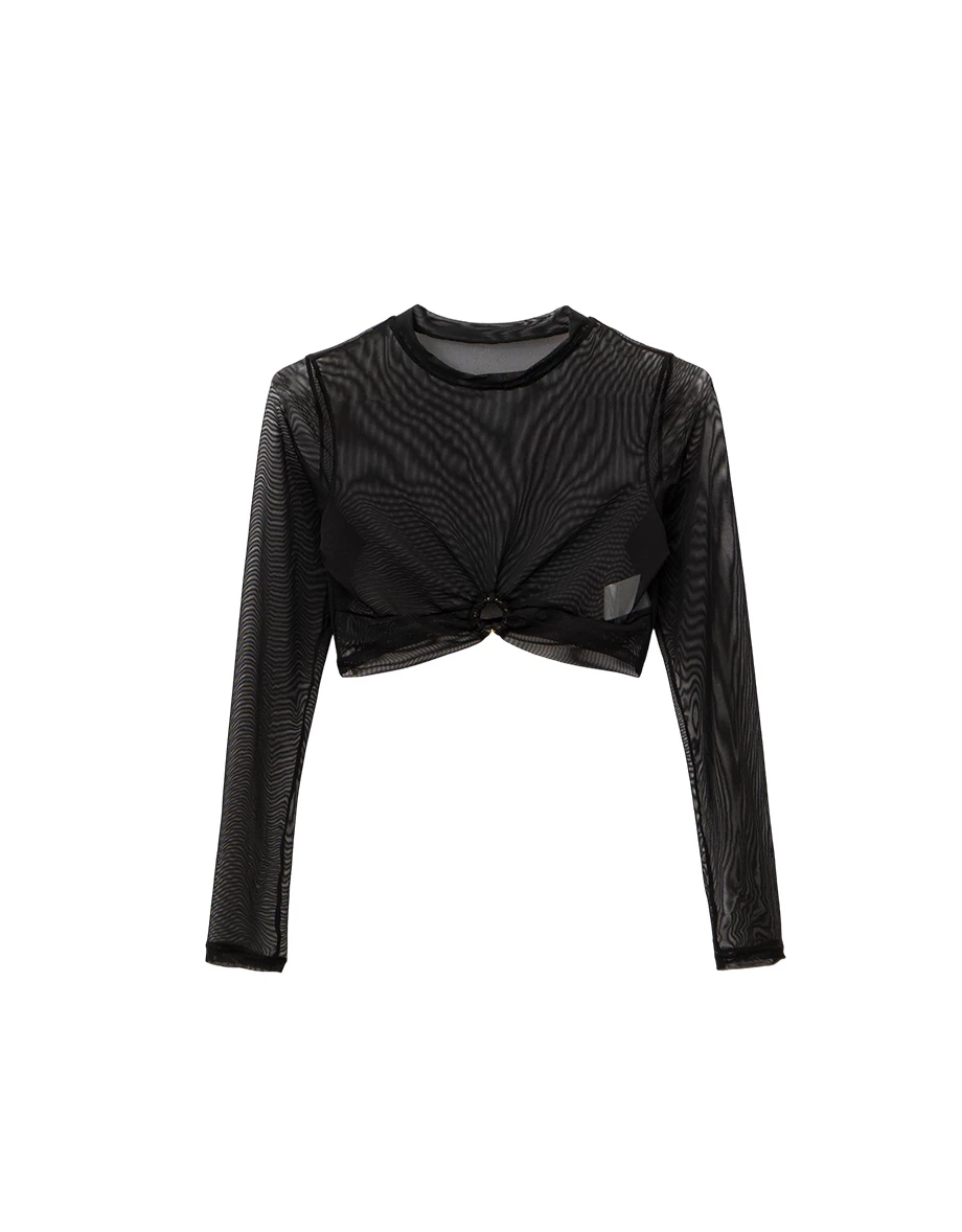 立領金屬環鏤空抓皺長袖短版透膚網紗外搭上衣