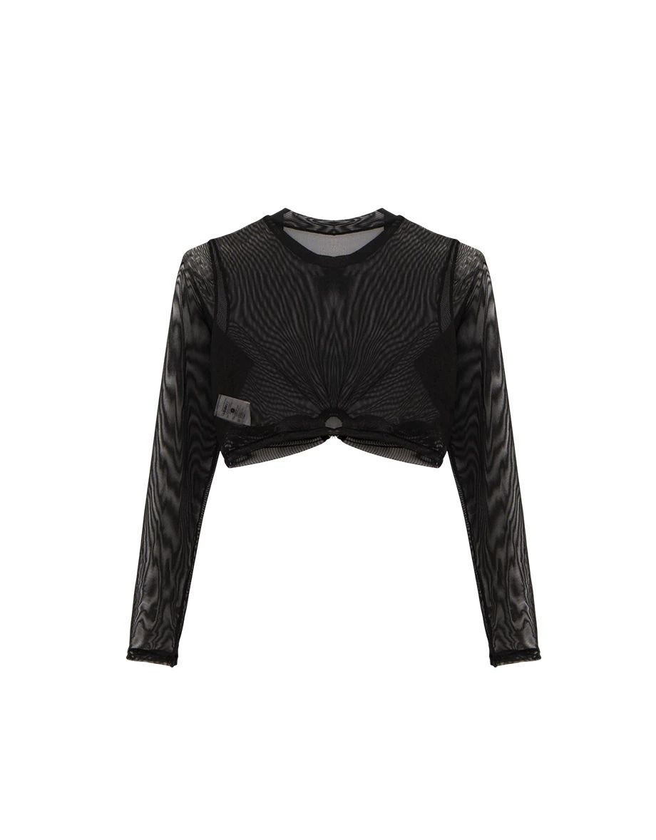 立領金屬環鏤空抓皺長袖短版透膚網紗外搭上衣