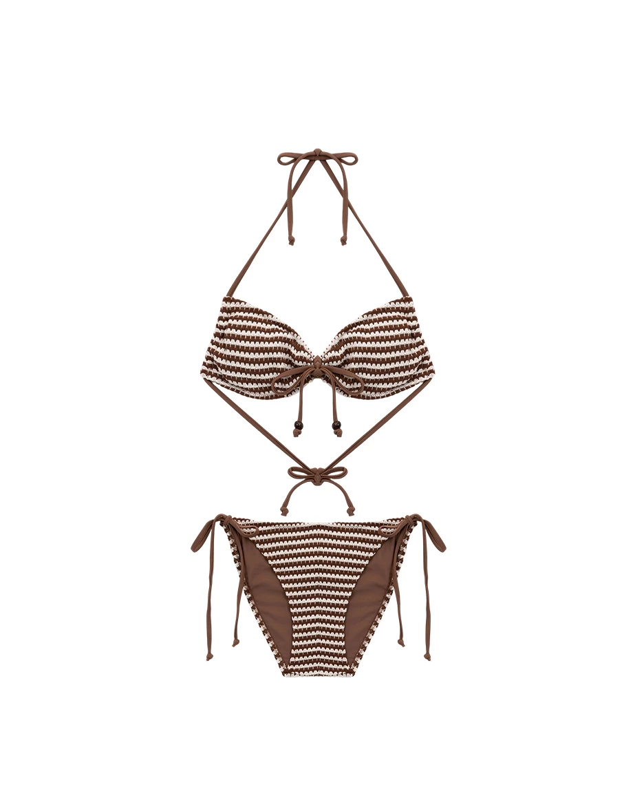 INS風 多WAY撞色條紋針織串珠綁帶平口比基尼套裝