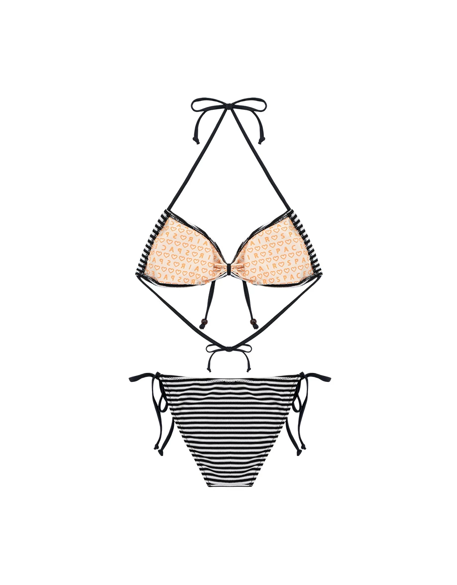 INS風 多WAY撞色條紋針織串珠綁帶平口比基尼套裝