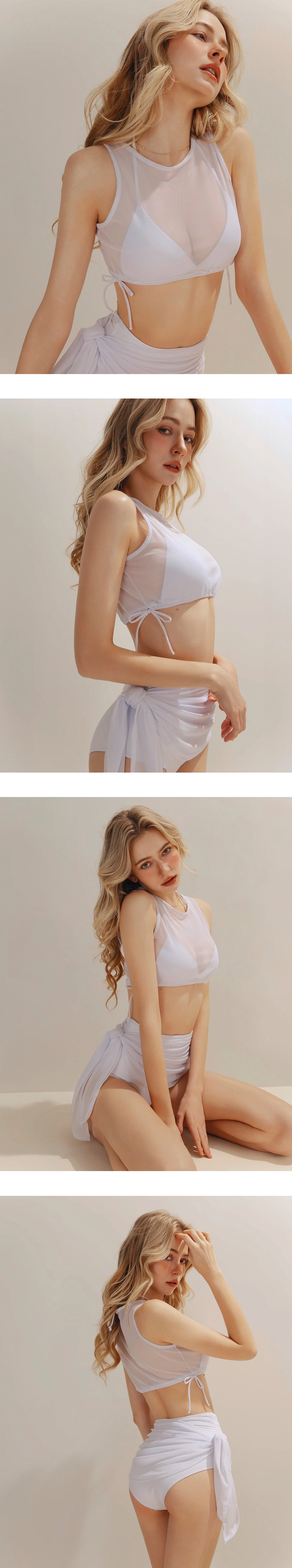 單綁帶爆乳比基尼透膚外罩短版背心二件式套裝