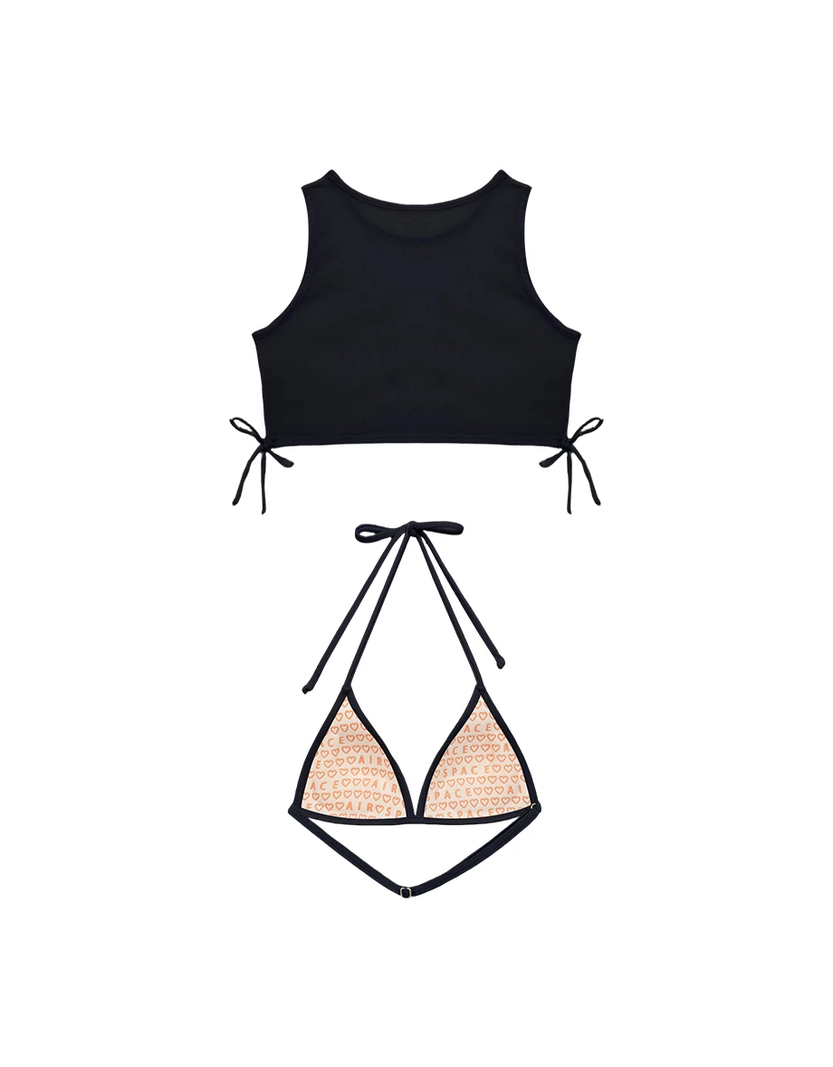 單綁帶爆乳比基尼透膚外罩短版背心二件式套裝