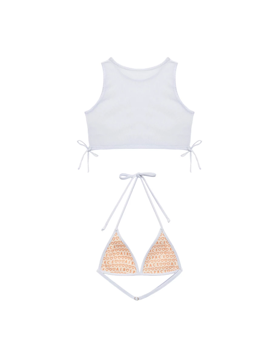 單綁帶爆乳比基尼透膚外罩短版背心二件式套裝