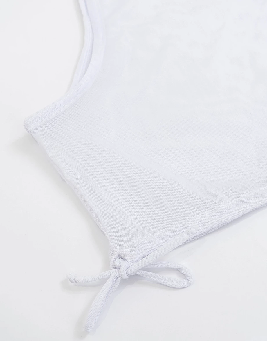 單綁帶爆乳比基尼透膚外罩短版背心二件式套裝