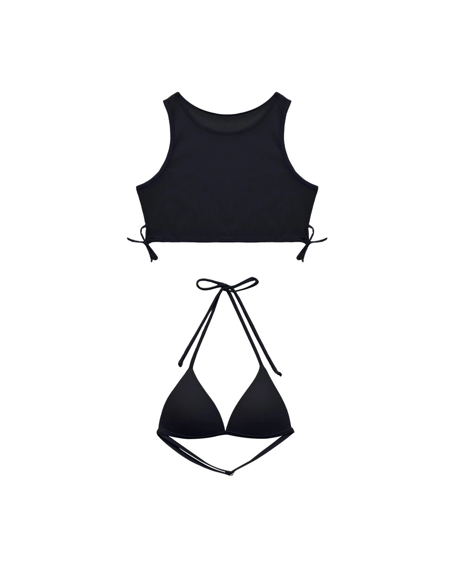 單綁帶爆乳比基尼透膚外罩短版背心二件式套裝