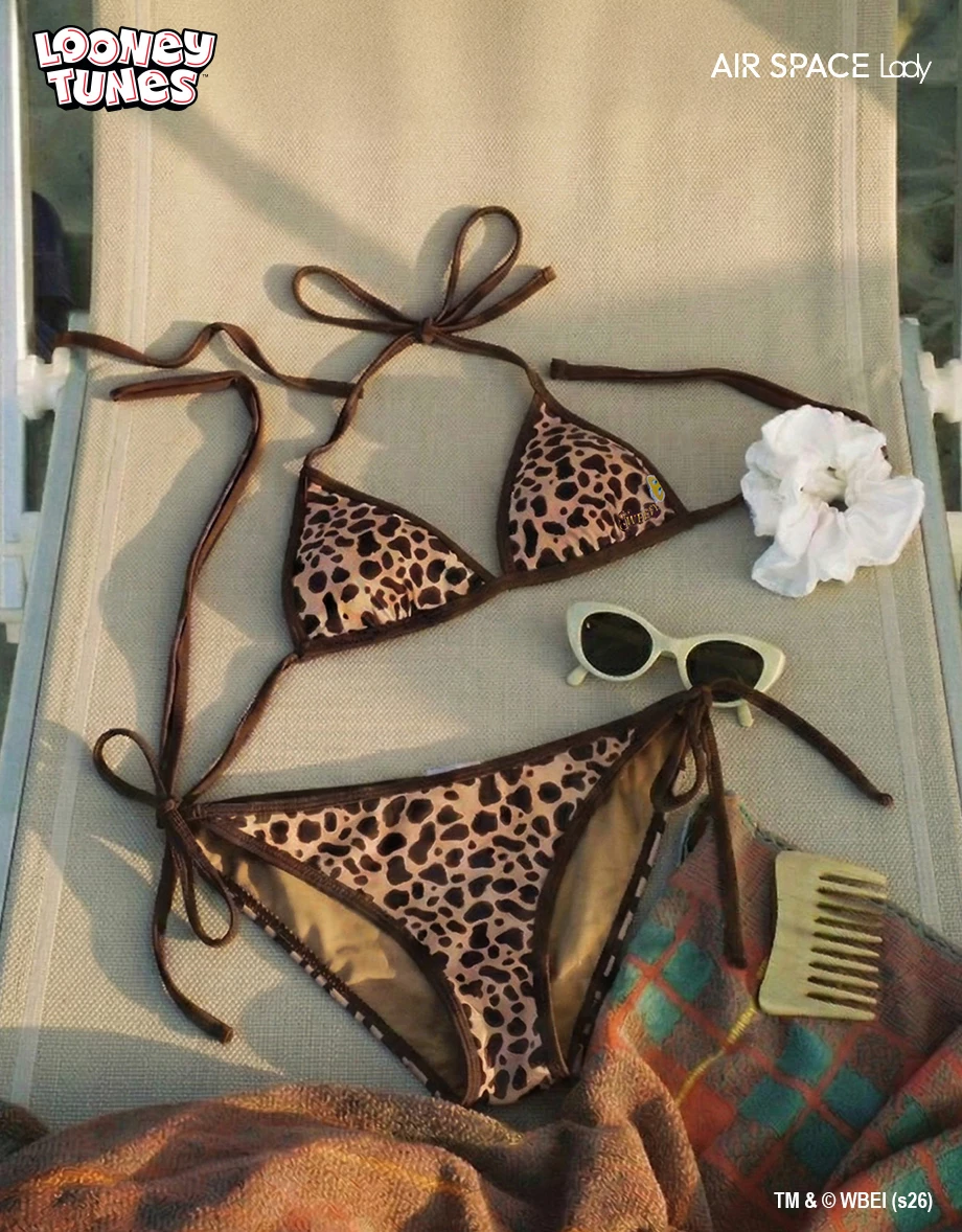 【樂一通】 撞色滾邊動物斑紋雙綁帶泳褲