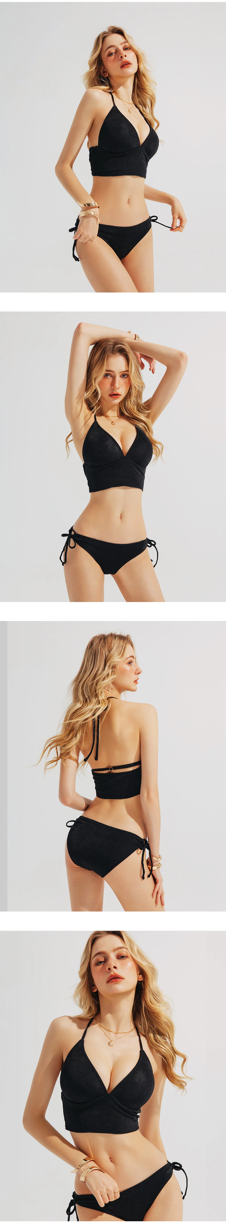 低腰側綁帶純色泳褲