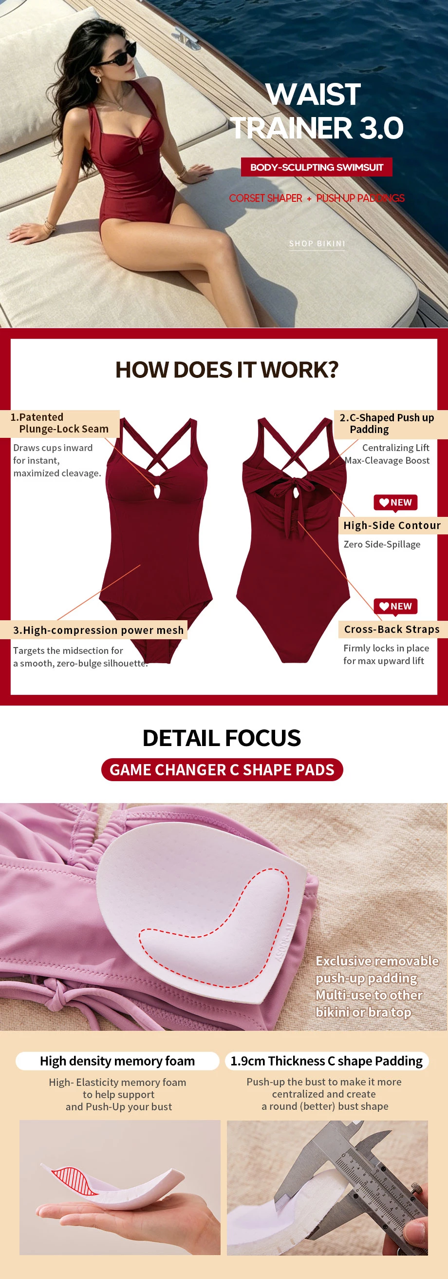 【DOUBLE PUSH UP】Keyhole Knot Criss Cross Back One Piece Bikini Swimsuit  ( Fixed Padding)