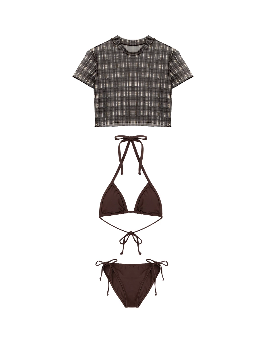 INS風 格紋外罩綁帶比基尼三件式套裝