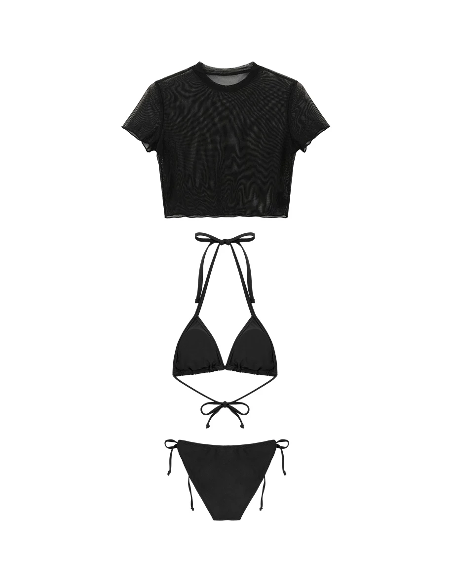 INS風 格紋外罩綁帶比基尼三件式套裝