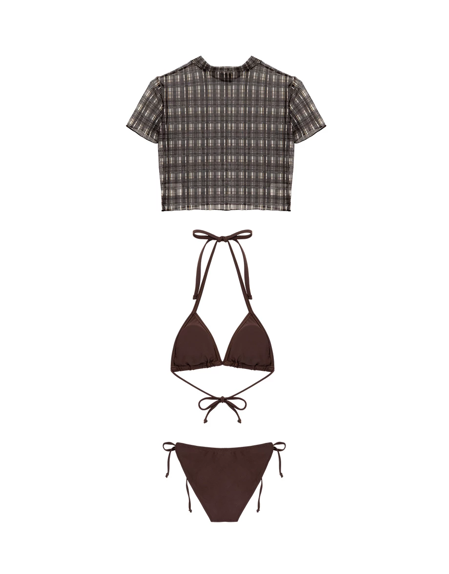 INS風 格紋外罩綁帶比基尼三件式套裝