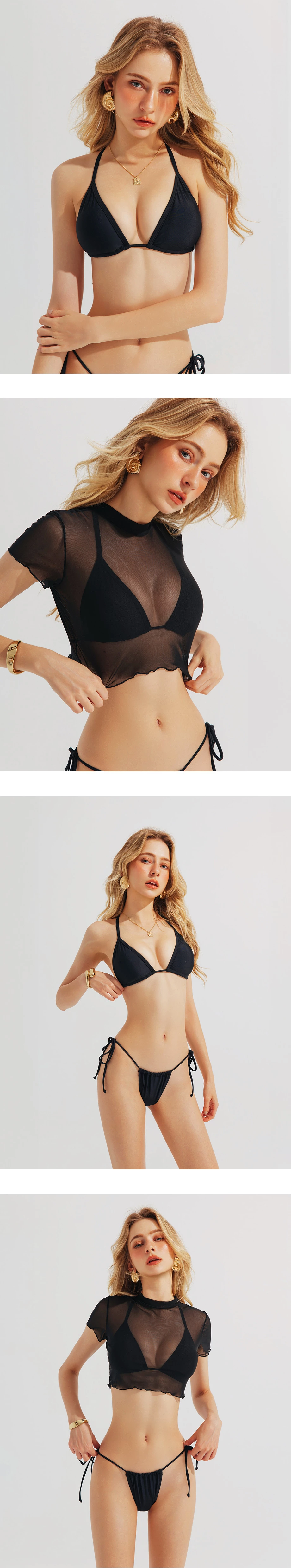 INS風 格紋外罩綁帶比基尼三件式套裝