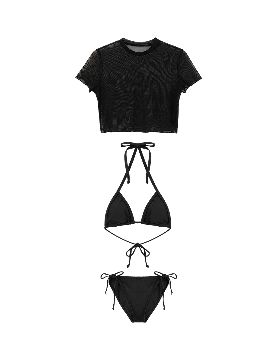 INS風 格紋外罩綁帶比基尼三件式套裝