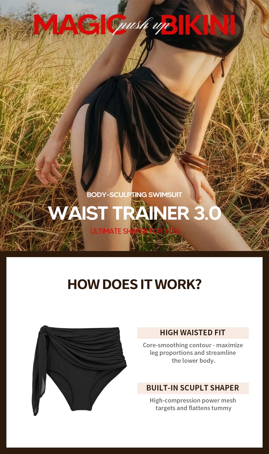【BIKINI BOTTOM 】High Waist Sculpting A Line Flared Hem Bikini Skort
