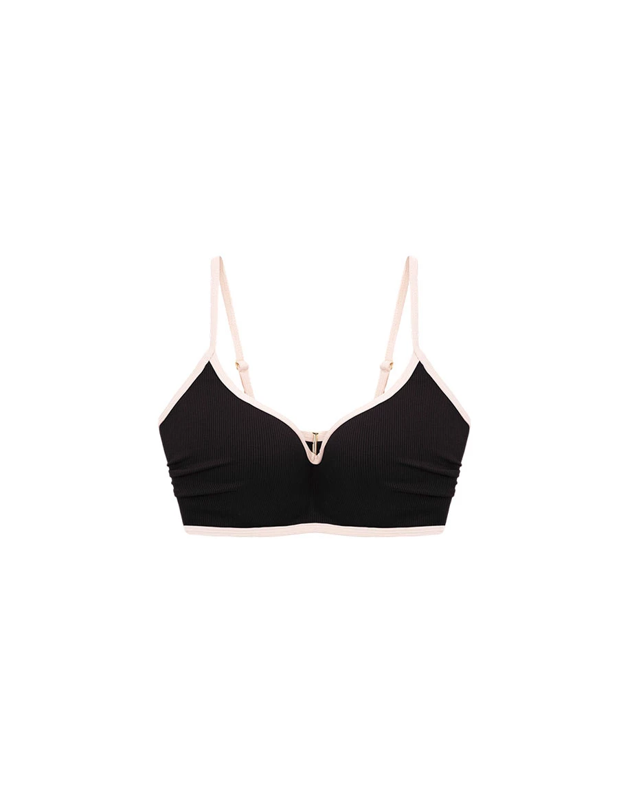 【DOUBLE PUSH UP】Low V Neck Contrast Trim Ribbed Push Up Bikini Top